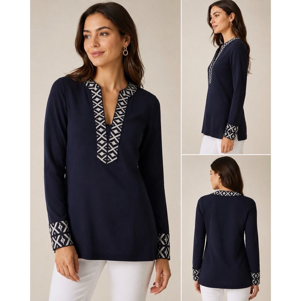Tory Burch Navy Blue Embroidered Trim Tunic Top Long Sleeve XS